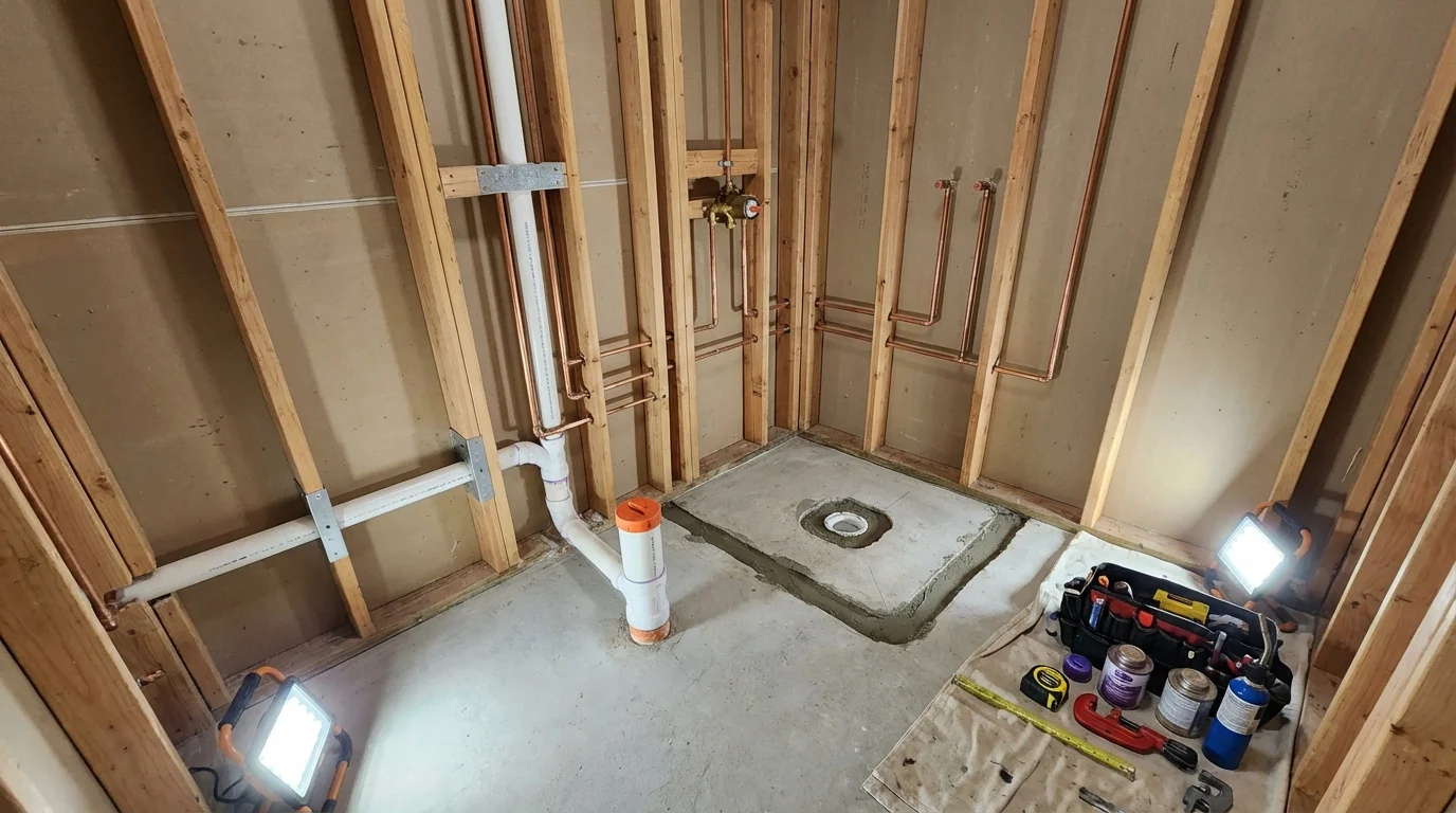 Bathroom rough-in plumbing during remodel by Johns Plumbing LLC in Rush Springs
