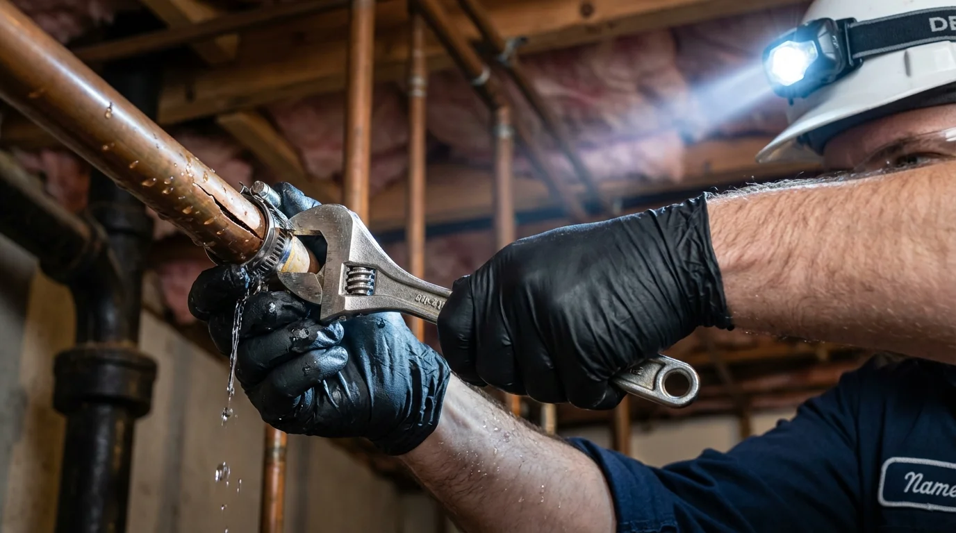 Emergency pipe clamp repair being performed by a Johns Plumbing LLC plumber in Rush Springs