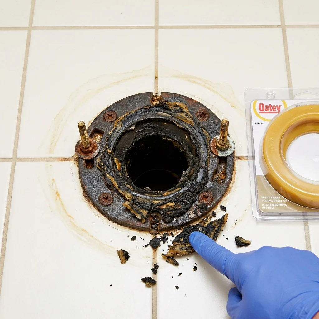 Failed wax ring showing water seepage at the base of a toilet in a Rush Springs, OK home