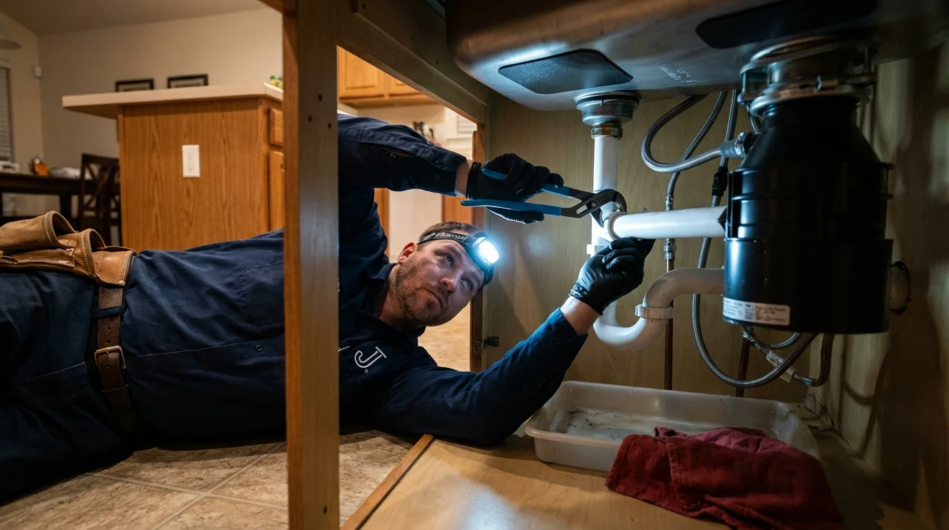 P-trap and supply line connections under a kitchen sink showing a common leak point in Rush Springs, OK